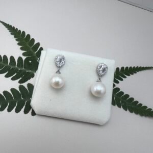 Luxury Natural Pearl Drop Earrings with Sparkling Big CZ | Gold-Plated Copper, Sterling Silver Pins