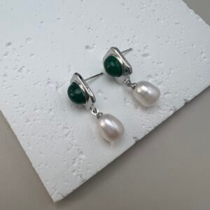 Vintage Green Art Glass Pearl Drop Earrings | 18K Gold-Plated Finish