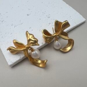 3D Bow Pearl Stud Earrings | Gold-Plated Statement Design