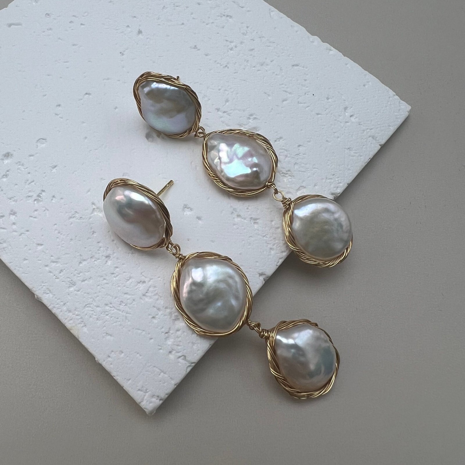 Long Baroque Pearl Dangle Earrings | Handwired Gold Statement Design